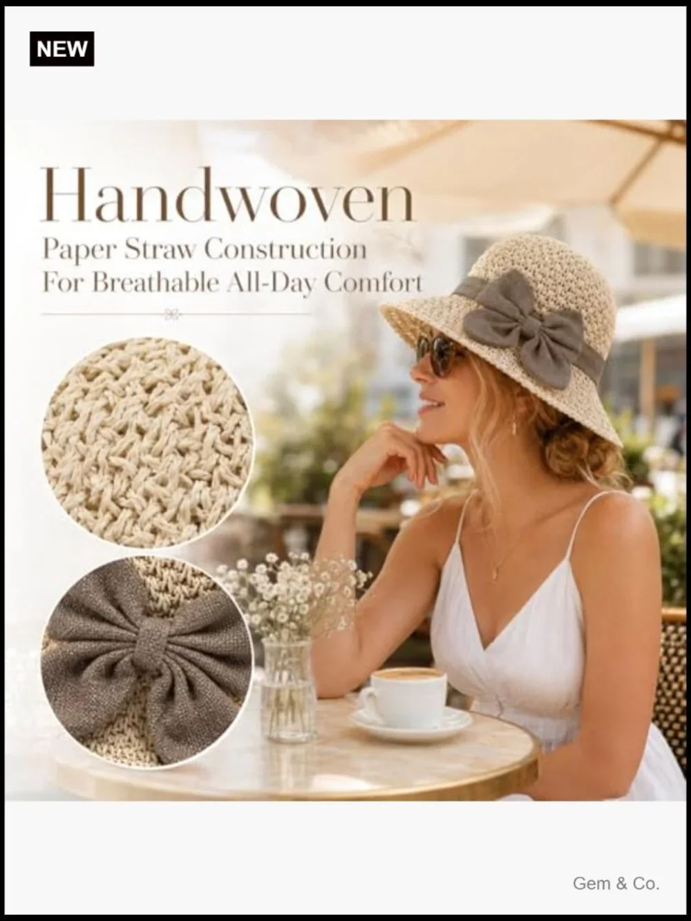 Woven Straw Sun Hat with Bow, Foldable Wide Brim Bucket Hat for Women